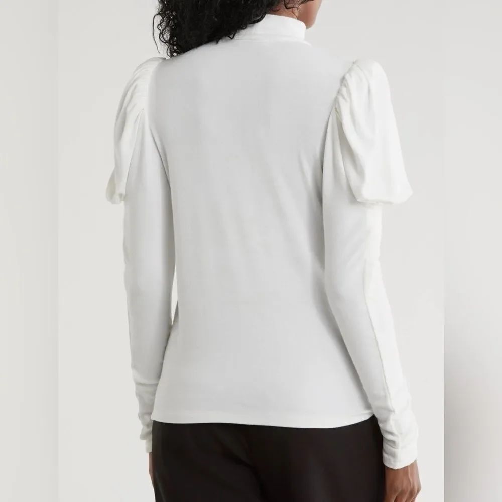 Rebecca Taylor Port Mutton-Sleeve Mock Neck Top White Cotton Blend Long Sleeve M - Picture 4 of 12